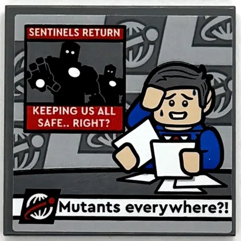 Tile 4 x 4 with TV Newscast with News Anchor, 'SENTINELS RETURN KEEPING US ALL SAFE.. RIGHT?' and 'Mutants everywhere?!' Pattern (Sticker) - Set 76294