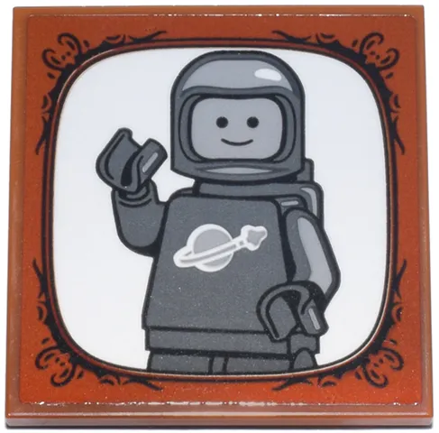 Tile 4 x 4 with Dark Bluish Gray and Light Bluish Gray Classic Space Astronaut on White Background and Black Ornate Rounded Frame Pattern (Sticker) - Set 910050