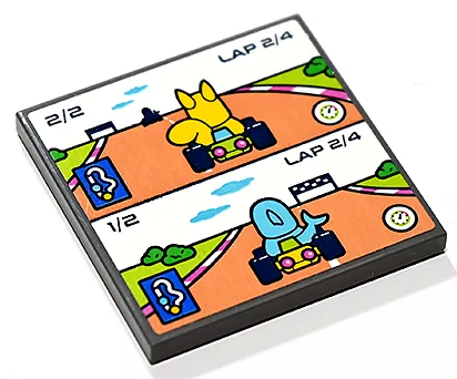Tile 4 x 4 with Split Screen of Karting Video Game with '2/2', '1/2', 'LAP 2/4', Yellow Fox and Medium Azure Fish Characters Pattern (Sticker) - Set 41748