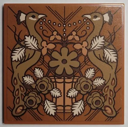 Tile 4 x 4 with Wooden Panel with Peacocks, Plant and Flowers Pattern (Sticker) - Set 21344