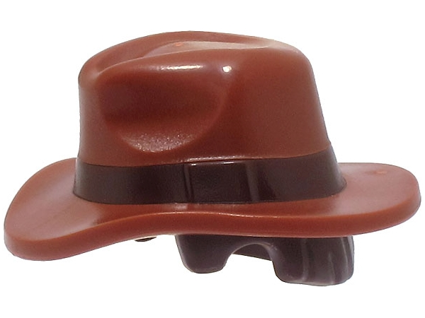 Minifigure, Hair Combo, Hat with Hair, Fedora Outback Style with Wide Brim with Molded Dark Brown Band and Short Hair Pattern