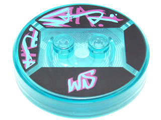 Dimensions Toy Tag 4 x 4 x 2/3 with 2 Studs and Trans-Light Blue Bottom with Medium Azure and Magenta 'WS' and Graffiti on Black Background Pattern (Wyldstyle)