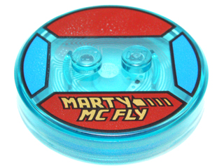 Dimensions Toy Tag 4 x 4 x 2/3 with 2 Studs and Trans-Light Blue Bottom with Gold 'MARTY MC FLY' and Broken Arrow on Red Background Pattern (Marty McFly)
