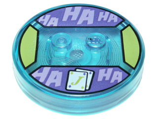 Dimensions Toy Tag 4 x 4 x 2/3 with 2 Studs and Trans-Light Blue Bottom with White Playing Cards and Medium Lavender 'HA HA' on Dark Purple Background Pattern (The Joker)