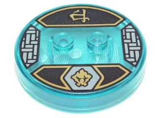 Dimensions Toy Tag 4 x 4 x 2/3 with 2 Studs and Trans-Light Blue Bottom with Gold Earth Gorilla Head Symbol in Light Bluish Gray Hexagon and Ninjago Logogram 'Earth' on Black Background Pattern (Cole)