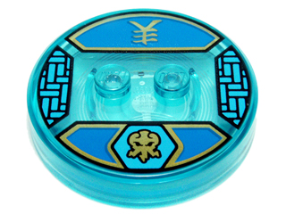 Dimensions Toy Tag 4 x 4 x 2/3 with 2 Studs and Trans-Light Blue Bottom with Gold Electric Octopus in Dark Azure Hexagon and Ninjago Logogram 'Lightning' on Blue Background Pattern (Jay)