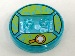 Dimensions Toy Tag 4 x 4 x 2/3 with 2 Studs and Trans-Light Blue Bottom with Orange Magnifying Glass and Medium Azure Question Marks on Lime Background Pattern (Shaggy)