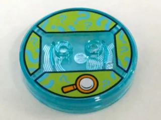 Dimensions Toy Tag 4 x 4 x 2/3 with 2 Studs and Trans-Light Blue Bottom with Orange Magnifying Glass and Medium Azure Question Marks on Lime Background Pattern (Shaggy)
