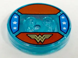 Dimensions Toy Tag 4 x 4 x 2/3 with 2 Studs and Trans-Light Blue Bottom with Stylized Gold 'WW' Logo on Red Background, White Stars on Blue Background Pattern (Wonder Woman)