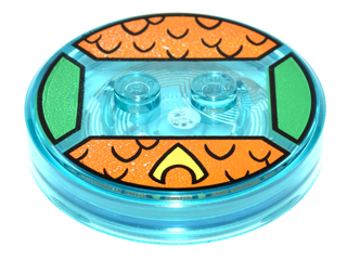 Dimensions Toy Tag 4 x 4 x 2/3 with 2 Studs and Trans-Light Blue Bottom with Yellow Symbol and Black Scales on Orange Background Pattern (Aquaman)