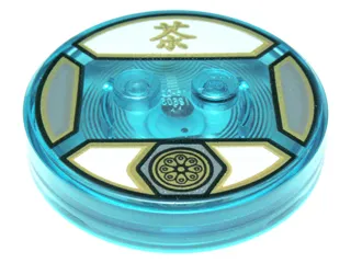 Dimensions Toy Tag 4 x 4 x 2/3 with 2 Studs and Trans-Light Blue Bottom with Gold Lotus Symbol in Dark Bluish Gray Hexagon and Chinese Logogram '茶' (Tea) on White Background Pattern (Sensei Wu)
