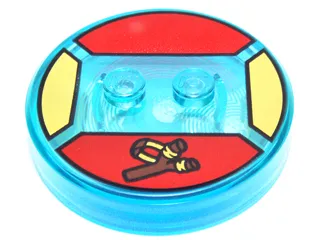 Dimensions Toy Tag 4 x 4 x 2/3 with 2 Studs and Trans-Light Blue Bottom with Reddish Brown Slingshot with Yellow Band on Red Background Pattern (Bart)