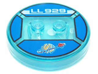 Dimensions Toy Tag 4 x 4 x 2/3 with 2 Studs and Trans-Light Blue Bottom with Faded Classic Space Logo and White 'LL 929' on Blue Background Pattern (Benny)