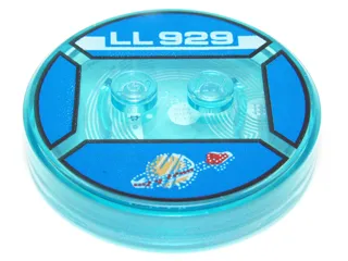 Dimensions Toy Tag 4 x 4 x 2/3 with 2 Studs and Trans-Light Blue Bottom with Faded Classic Space Logo and White 'LL 929' on Blue Background Pattern (Benny)