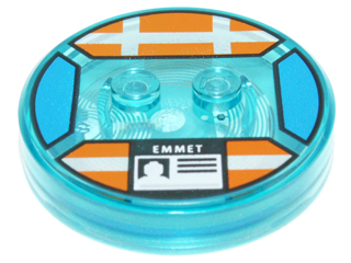 Dimensions Toy Tag 4 x 4 x 2/3 with 2 Studs and Trans-Light Blue Bottom with Silver Stripes and White 'EMMET' ID Badge on Orange Background Pattern (Emmet)