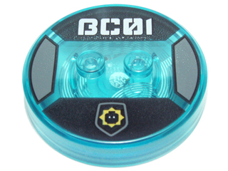 Dimensions Toy Tag 4 x 4 x 2/3 with 2 Studs and Trans-Light Blue Bottom with Minifigure Head in Yellow Star Badge and Stylized White 'BC01' on Black Background Pattern (Bad Cop)
