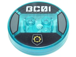 Dimensions Toy Tag 4 x 4 x 2/3 with 2 Studs and Trans-Light Blue Bottom with Minifigure Head in Yellow Star Badge and Stylized White 'BC01' on Black Background Pattern (Bad Cop)