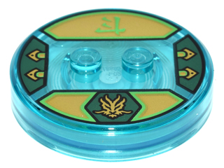 Dimensions Toy Tag 4 x 4 x 2/3 with 2 Studs and Trans-Light Blue Bottom with Gold Dragon Head in Dark Green Hexagon and Bright Green Ninjago Logogram 'Energy' on Gold Background Pattern (Lloyd)