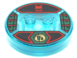 Dimensions Toy Tag 4 x 4 x 2/3 with 2 Studs and Trans-Light Blue Bottom with Gold Phoenix in Dark Green Hexagon and Red Samurai Helmet on Black Background Pattern (Nya)