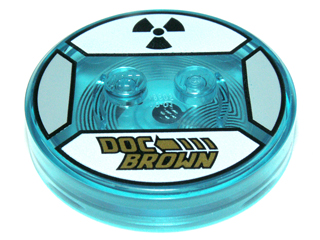 Dimensions Toy Tag 4 x 4 x 2/3 with 2 Studs and Trans-Light Blue Bottom with Gold 'DOC BROWN' and Broken Arrow, Black Radioactive Symbol on White Background Pattern (Doc Brown)