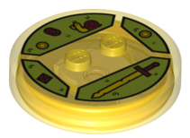 Dimensions Toy Tag 4 x 4 x 2/3 with 2 Studs and Trans-Orange Bottom with Bright Light Yellow and Dark Red Sword, Snail, and Jewels on Lime Background Pattern (Finn the Human)