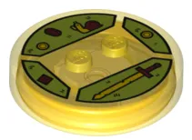 Dimensions Toy Tag 4 x 4 x 2/3 with 2 Studs and Trans-Orange Bottom with Bright Light Yellow and Dark Red Sword, Snail, and Jewels on Lime Background Pattern (Finn the Human)