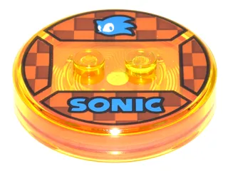 Dimensions Toy Tag 4 x 4 x 2/3 with 2 Studs and Trans-Orange Bottom with Blue Sonic Head and 'SONIC' on Dark Orange and Reddish Brown Checkered Background Pattern (Sonic the Hedgehog)