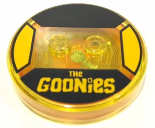 Dimensions Toy Tag 4 x 4 x 2/3 with 2 Studs and Trans-Orange Bottom with Bright Light Orange 'THe GOONieS' on Black Background Pattern (Sloth)