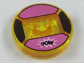 Dimensions Toy Tag 4 x 4 x 2/3 with 2 Studs and Trans-Orange Bottom with Black 'POW' in Bright Pink Starburst on Dark Pink Background Pattern (Blossom)