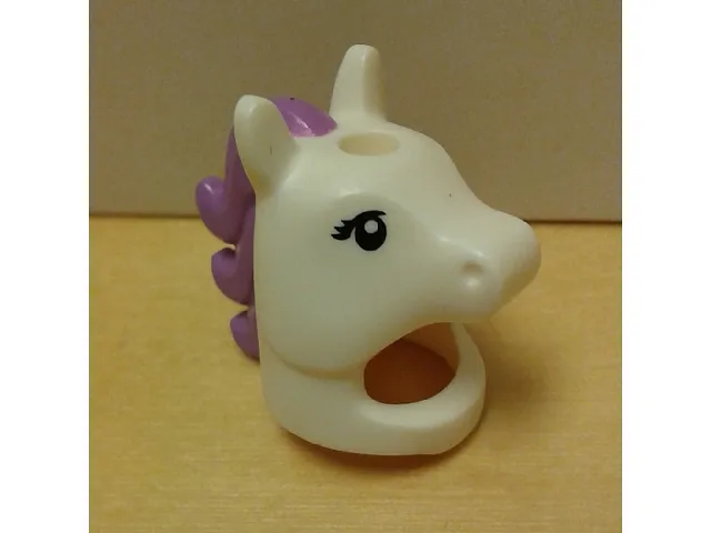 Minifigure, Headgear Head Cover, Costume Horse (Unicorn) with Hole in Top with Black Eyelashes and Medium Lavender Mane Pattern