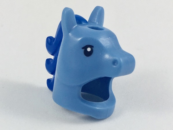 Minifigure, Headgear Head Cover, Costume Horse (Unicorn) with Hole in Top with Black Eyes and Blue Mane Pattern