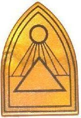 Minifigure, Shield Triangular Long with Black Outlines, Circle and Triangles Pattern