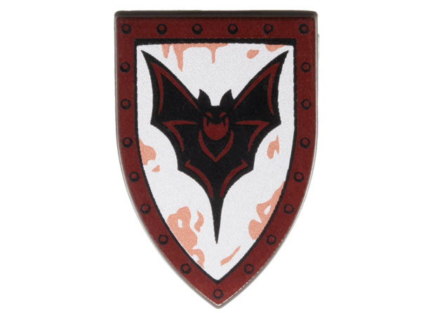 Minifigure, Shield Triangular Long with Black Bat and Copper Splotches on Silver Background, Dark Red Edge Pattern