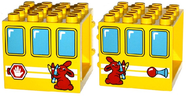 Duplo Door / Window Frame 4 x 4 x 3 Thin Top with Windows, Bunny / Rabbit Holding Crayons, Stop Sign and Horn Pattern on Both Sides