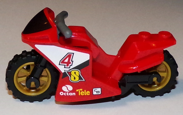 Motorcycle Sport Bike with Black Windshield Pattern, Black Frame, Pearl Gold Wheels and Dark Bluish Gray Handlebars with Number 4 and Octan Logo Pattern on Both Sides (Stickers) - Set 60084