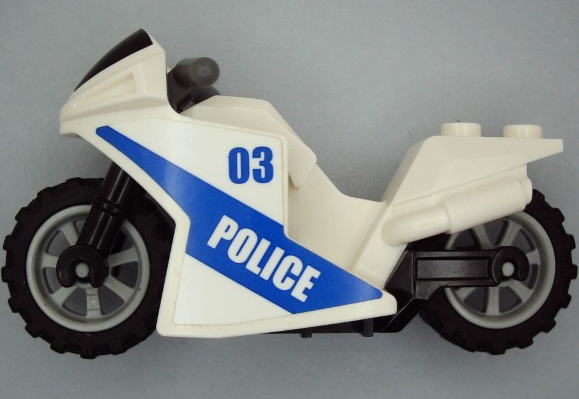 Motorcycle Sport Bike with Black Windshield Pattern, Black Frame, Light Bluish Gray Wheels and Dark Bluish Gray Handlebars with Gold Badge with '03' and 'POLICE' Pattern on Both Sides (Stickers) - Set 60139