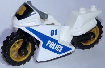 Motorcycle Sport Bike with Black Windshield with Gold Badge Pattern, Black Frame, Pearl Gold Wheels and Dark Bluish Gray Handlebars with Police Pattern on Both Sides (Stickers) - Set 60137