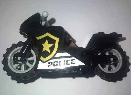 Motorcycle Sport Bike with Black Frame, Light Bluish Gray Wheels and Light Bluish Gray Handlebars with 'POLICE', White Stripes, and Gold Star Badge Logo Pattern on Both Sides (Stickers) - Set 60276