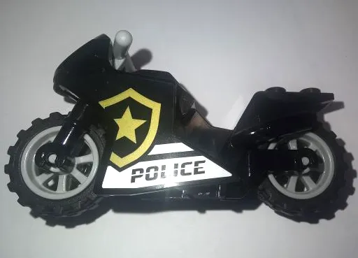 Motorcycle Sport Bike with Black Frame, Light Bluish Gray Wheels and Light Bluish Gray Handlebars with 'POLICE', White Stripes, and Gold Star Badge Logo Pattern on Both Sides (Stickers) - Set 60276