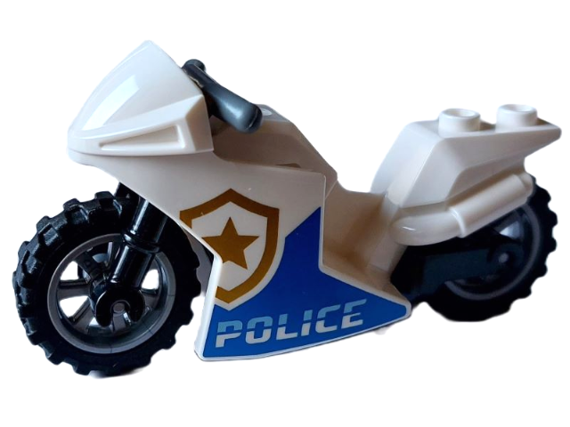 Motorcycle Sport Bike with Black Frame, Flat Silver Wheels and Dark Bluish Gray Handlebars with 'POLICE' Pattern on Both Sides