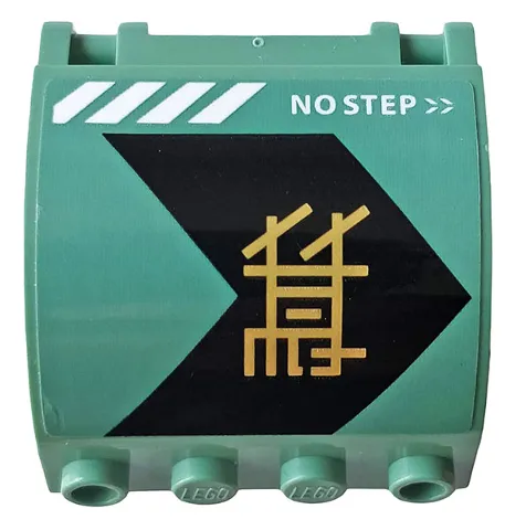 Panel 3 x 4 x 3 Curved with Double Clip Hinge with 'NO STEP', White Stripes, and Gold Ninjago Logogram 'LLOYD' on Black Chevron Pattern Model Left Side (Sticker) - Set 70612