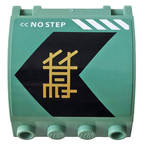 Panel 3 x 4 x 3 Curved with Double Clip Hinge with 'NO STEP', White Stripes, and Gold Ninjago Logogram 'LLOYD' on Black Chevron Pattern Model Right Side (Sticker) - Set 70612