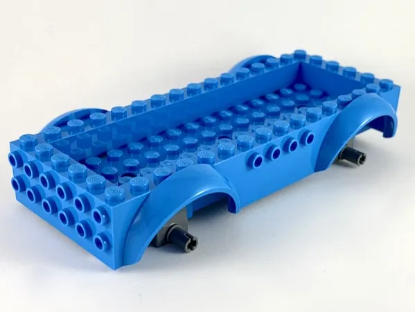 Vehicle, Base 8 x 16 x 2 1/2 with Mudguards Raised, 4 x 14 Recessed Center with 3 Holes, and Dark Bluish Gray Wheels Holders