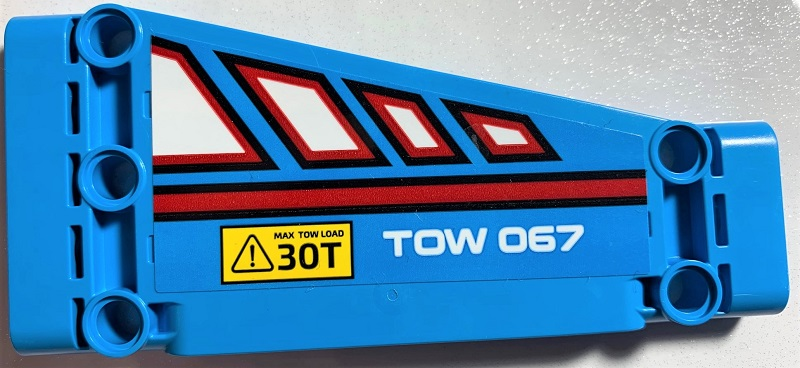 Technic, Panel Plate 5 x 11 x 1 Tapered with White Polygons Outlined in Red, Red Line, 'TOW 067' and 'MAX TOW LOAD 30T' Pattern Model Left Side (Sticker) - Set 42070