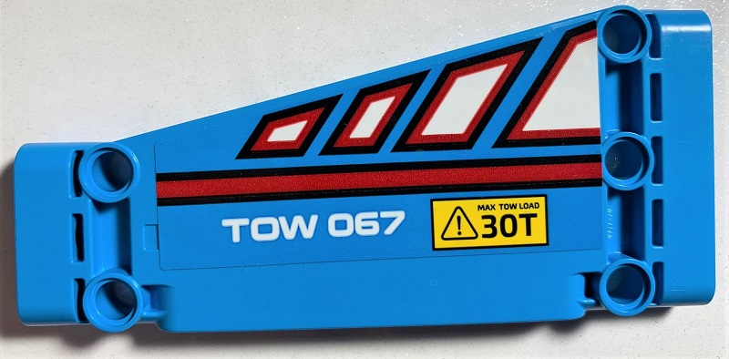 Technic, Panel Plate 5 x 11 x 1 Tapered with White Polygons Outlined in Red, Red Line, 'TOW 067' and 'MAX TOW LOAD 30T' Pattern Model Right Side (Sticker) - Set 42070
