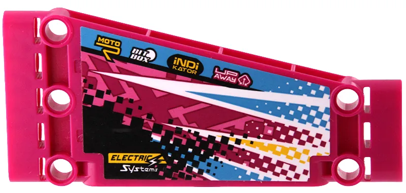 Technic, Panel Plate 5 x 11 x 1 Tapered with 'MOTO R', 'BIT BOX', 'iNDiKATOR', 'UP AWAY', 'ELECTRIC Systems', Dark Azure and Yellow Stripes and Checkered Background Pattern Model Right Side (Sticker) - Set 42124