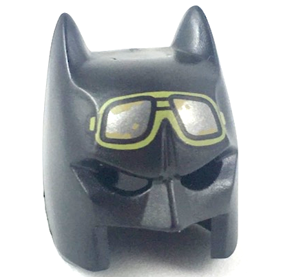 Minifigure, Headgear Mask Batman Cowl (Open Chin) with Olive Green Goggles with Silver Lenses and Tan Dirt Stains Pattern