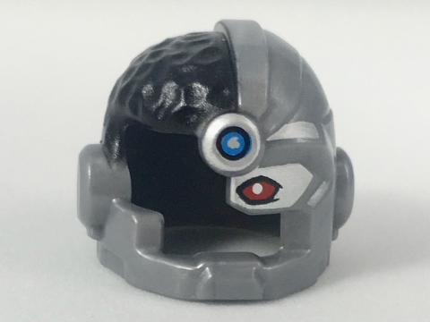 Minifigure, Headgear Helmet Cyborg Side Open with Black Top Side, Red Eye and Dark Azure Dot Pattern