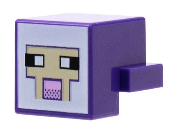 Creature Head Pixelated with Black and White Eyes, Bright Pink Nose, Tan Face with Dark Purple Outline on White Background Pattern (Minecraft Sheep)