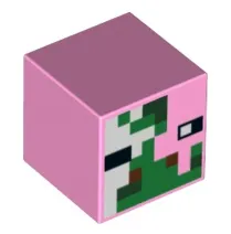 Minifigure, Head, Modified Cube with Pixelated Green and White Face, Black Eyes, and Reddish Brown Nostrils Pattern (Minecraft Zombie Pigman)